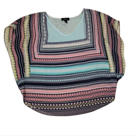 AGB Sheer Blouse Top Meduim Geometric Design Vneck Pink Yellow Green Blue White - Picture 15 of 16